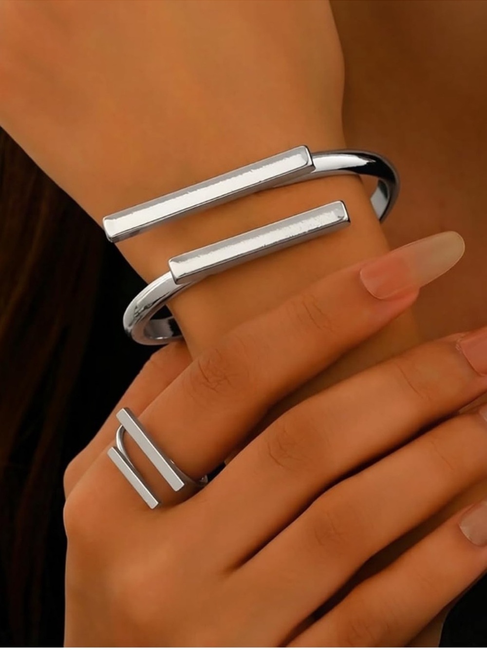 Modern Silver Open Bar Cuff Bracelet and Ring Set